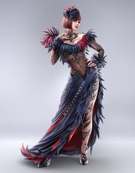  anna_williams blue_eyes brown_hair dress feather_dress female hair_ornament nail_polish official_art short_hair tekken tekken_7 