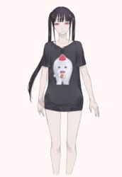  arms_at_sides black_hair black_shirt blunt_bangs commentary contemporary female highres ishinarimaru_shouten looking_at_viewer myufrae pixiv_fantasia pixiv_fantasia_last_saga red_eyes shirt sidelocks simple_background smile solo standing t-shirt twintails white_background 