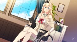  bare_shoulders blonde_hair blue_eyes blue_sky blush book braid breasts cloud cloudy_sky commentary_request corset crown curtains day dress female flower hair_between_eyes hairband half_up_braid indoors jewelry kantai_collection long_hair long_sleeves looking_at_viewer medium_breasts mini_crown necklace off_shoulder photo_(object) red_flower red_ribbon red_rose ribbon rose sahuyaiya signature sitting skirt sky smile solo thighhighs warspite_(kancolle) wheelchair white_dress white_thighhighs window 