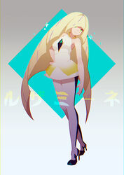  bare_arms blonde_hair breasts character_name chromatic_aberration commentary_request diamond_(shape) dress female full_body gradient_background green_eyes hair_over_one_eye hand_on_own_hip high_heels long_hair looking_at_viewer lusamine_(pokemon) medium_breasts multicolored_hair pantyhose photoshop_(medium) pokemon pokemon_sm purple_hair short_dress sleeveless sleeveless_dress smile solo sparkle standing streaked_hair very_long_hair vienri white_dress 