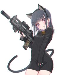  absurdres animal_ears assault_rifle bell black_hair black_sweater bullpup cat_ears cat_tail chromatic_aberration commentary earrings fake_animal_ears female gun hairband highres holding holding_gun holding_weapon jewelry jingle_bell long_hair looking_at_viewer military necklace oota_youjo original parted_lips pink_eyes rifle scope sleeves_past_wrists solo stud_earrings suppressor sweater tail trigger_discipline turtleneck turtleneck_sweater vhs-d2 weapon white_background 