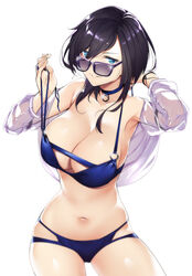  ark_royal_(azur_lane) ark_royal_(coast_watcher)_(azur_lane) azur_lane bare_shoulders bikini bikini_under_clothes black_hair blue_bikini blue_eyes breasts choker cleavage commentary_request female hand_up highres hip_focus image_sample large_breasts long_hair looking_at_viewer multi-strapped_bikini navel o-ring o-ring_top open_clothes open_shirt see-through shirt smile solo sunglasses swimsuit thighs tomohiro_kai tumblr_sample untied_bikini white_shirt 