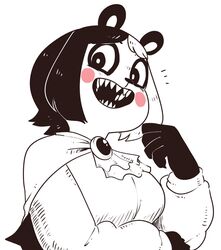  anthro bear black_eyes black_nose blush blush_stickers breasts clothing digital_media_(artwork) dress eye_markings facial_markings female front_view giant_panda hair head_markings hi_res looking_at_viewer low-angle_view mammal markings multicolored_hair nuclearwasabi open_mouth open_smile partially_colored pupils sharp_teeth short_hair simple_background smile solo teeth two_tone_hair vampire_(nuclearwasabi) white_background white_pupils 