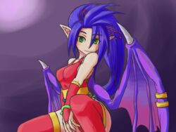  bare_shoulders blue_hair breasts breath_of_fire breath_of_fire_ii closed_mouth commentary_request dragon_girl dragon_wings female green_eyes hair_between_eyes leotard long_hair looking_at_viewer patty_the_phantom_thief ponytail smile solo thighhighs torisei8 wings 