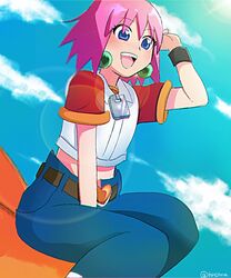  beauty_(bobobo-bo_bo-bobo) belt blue_eyes bobobo-bo_bo-bobo cloud crop_top denim earrings female heart highres hira jeans jewelry navel open_mouth pants pink_hair short_hair short_sleeves sitting smile solo 