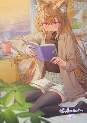  absurdres ahoge animal_ear_fluff animal_ears black_thighhighs book brown_coat brown_eyes brown_hair brown_sweater closed_mouth coat coffee_mug commentary_request commission cup desk_lamp female fox_ears glasses grey_shorts highres holding holding_book kitada_mo lamp long_hair marika_(zeddaru) mug open_clothes open_coat original pillow plant potted_plant reading red-framed_eyewear ribbed_sweater second-party_source shorts sitting skeb_commission smile solo sweater thighhighs very_long_hair window 