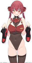  :q absurdres air_jordan air_jordan_1 ascot ass_visible_through_thighs breasts brown_thighhighs cleavage cloba covered_navel female hair_ribbon heterochromia highleg highleg_leotard highres holding holding_shoes hololive houshou_marine houshou_marine_(1st_costume) large_breasts leotard medium_hair red_ascot red_eyes red_hair red_ribbon ribbon see-through see-through_cleavage shoes simple_background smell solo standing thighhighs thighs tongue tongue_out twintails virtual_youtuber white_background yellow_eyes 