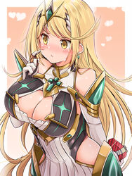  absurdres blonde_hair blush breasts cleavage cleavage_cutout clothing_cutout elbow_gloves female gloves highres kurokaze_no_sora large_breasts long_hair mythra_(xenoblade) solo valentine xenoblade_chronicles_(series) xenoblade_chronicles_2 yellow_eyes 