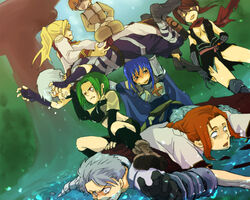  +_+ 3girls 5boys acolyte_(ragnarok_online) alternate_color armor armored_boots assassin_(ragnarok_online) assassin_cross_(ragnarok_online) bandages black_cape black_gloves black_leotard black_shorts black_socks blank_eyes blonde_hair blue_cape blush boobplate boots braid braided_ponytail breastplate brown_hair brown_jacket brown_pants brown_skirt cape cassock closed_eyes closed_mouth coat commentary_request crop_top cropped_jacket crusader_(ragnarok_online) dutch_angle elbow_gloves fingerless_gloves full_body gauntlets gloves green_eyes green_hair grey_footwear grey_hair high_priest_(ragnarok_online) human_pyramid hunter_(ragnarok_online) jacket kneehighs koshou_(maayan) layered_clothes leotard lifting_person long_hair long_sleeves looking_at_another lord_knight_(ragnarok_online) midriff miniskirt monk_(ragnarok_online) multicolored_coat multiple_boys multiple_girls navel open_mouth outdoors pants pauldrons ponytail purple_gloves purple_pants purple_shirt ragnarok_online red_cape red_coat red_eyes red_scarf revealing_clothes scarf seiza shaded_face shirt shoes short_hair short_sleeves shorts shoulder_armor sitting skirt sleeveless sleeveless_shirt smile socks torn_cape torn_clothes torn_scarf tree two-tone_coat vambraces waist_cape water white_coat 