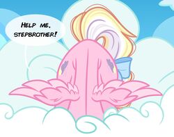  bay_breeze blonde_hair bow_ribbon cloud dialogue emberslament english_text equid equine fan_character female fur hair hasbro head_down help_me_stepbro_i&#039;m_stuck hi_res mammal meme my_little_pony mythological_creature mythological_equine mythology pegasus pink_body pink_fur text wings 