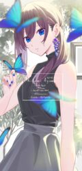  asymmetrical_hair bare_shoulders black_tank_top blue_butterfly blue_eyes blue_nails brown_hair bug butterfly earrings eyes_visible_through_hair female grey_skirt highres jewelry kitami_ayumu nail_polish palette_project plant poligon_(046) side_ponytail skirt solo tank_top virtual_youtuber 