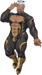  1boy abs alpha_transparency arm_up bara black_nails bodysuit boots dark-skinned_male dark_skin facial_tattoo full_body halo israfil_(housamo) liquid long_sleeves looking_at_viewer male_focus manly mature_male muscular muscular_male naop_(anything) official_art pectoral_cleavage pectorals red_eyes solo sparkle spiked_hair surprised sweat tattoo thick_thighs thighs third-party_source tight_clothes tokyo_afterschool_summoners tongue transparent_background white_hair 