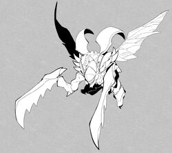  full_body grey_background greyscale highres kha&#039;zix league_of_legends massakasama monochrome no_humans sharp_teeth simple_background solo spikes teeth wings 