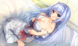  9-nine- :d amatsuji artist_name barefoot bloom blue_eyes blue_hair blush breast_hold breasts cleavage collarbone commentary_request commission eyelashes eyes_visible_through_hair feet_out_of_frame female from_above futon hair_between_eyes hair_intakes hair_spread_out head_tilt highres indoors japanese_clothes kimono kousaka_haruka large_breasts light_blue_hair light_particles long_hair looking_at_viewer off_shoulder open_mouth red_sash sash sitting smile solo straight_hair striped_clothes striped_kimono tatami undressing very_long_hair wariza white_kimono yukata 