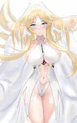  absurdres arms_behind_head azur_lane blonde_hair blue_eyes breasts brest_(azur_lane) clothing_cutout cowboy_shot dress female hands_in_hair highres large_breasts leotard long_hair looking_at_viewer pointy_ears revealing_clothes rklk see-through see-through_skirt showgirl_skirt simple_background skindentation skirt solo underboob_cutout very_long_hair white_background white_dress white_leotard 