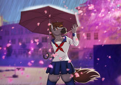  anthro blurred_background bottomwear brown_eyes brown_hair clothing dallas_prairiewind equid equine femboy fur grey_body grey_fur hair horse legwear male mammal markings painkirito raining skirt solo stockings thick_thighs umbrella white_markings 