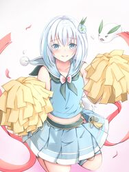  blue_eyes blue_shirt blue_skirt cheerleader female flower hair_flower hair_ornament kneeling looking_at_viewer pleated_skirt pom_pom_(cheerleading) red_ribbon ribbon school_uniform sennen_sensou_aigis serafuku shirt short_hair simple_background skirt sleeveless snow_rabbit solo white_hair yukihime_(sennen_sensou_aigis) yukino_siduku 