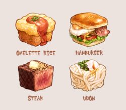  bacon burger butter cheese commentary_request cube egg_(food) english_text food food_focus fried_egg fried_rice grey_background highres ketchup no_humans noodles omelet omurice original saino_misaki salad simple_background steak tomato udon 