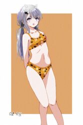  arms_behind_back bad_id bad_twitter_id bikini breasts fake_horns feet_out_of_frame female grey_eyes grey_hair horned_headwear horns i-201_(kancolle) kagurazaka_mayu kantai_collection long_hair low_twintails one-hour_drawing_challenge orange_bikini print_bikini small_breasts solo standing swimsuit twintails 