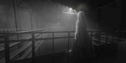  catwalk_(walkway) ceiling_light chihuri commentary facing_away female greyscale highres hood hood_down hooded_jacket indoors jacket long_hair monochrome original photoshop_(medium) railing solo standing very_long_hair zoya_petrovna_vecheslova 