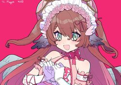  :d animal_ears bare_shoulders bird_ears bird_wings blush bonnet brown_hair commentary commission english_commentary female flower gloves green_eyes hair_between_eyes hair_flower hair_ornament indie_virtual_youtuber long_hair looking_at_viewer magpie_(vtuber) mochi_(buchumi10) open_mouth pink_flower skeb_commission smile solo two_side_up upper_body virtual_youtuber white_gloves wings 