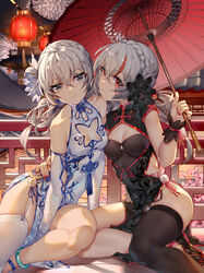  2girls anklet arm_around_waist artist_name bare_shoulders black_dress black_flower black_footwear black_legwear blue_flower braid breasts bronya_zaychik bronya_zaychik_(black_nucleus) bronya_zaychik_(herrscher_of_reason) china_dress chinese_clothes chinese_commentary cleavage cleavage_cutout closed_mouth clothing_cutout collarbone commentary_request crown_braid detached_sleeves dress dual_persona facial_mark fireworks flower garter_straps ginklaga grey_eyes grey_hair hair_between_eyes hair_flower hair_ornament holding holding_umbrella honkai_(series) honkai_impact_3rd jewelry lantern long_hair long_sleeves looking_at_viewer multicolored_hair multiple_girls nail_polish night oil-paper_umbrella outdoors paper_lantern railing red_eyes red_nails red_ribbon ribbon short_sleeves single_thighhigh sitting small_breasts smile streaked_hair tassel thighhighs umbrella white_dress white_thighhighs wrist_cuffs yokozuwari 