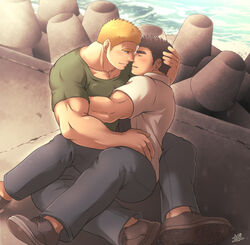  2boys artist_name bara biceps blonde_hair blue_eyes blush brown_hair closed_eyes collared_shirt couple day hand_on_another&#039;s_head hiba_youichi hug imminent_kiss large_pectorals looking_at_another male_focus manly mature_male multiple_boys muscular muscular_male ocean open_mouth orphan&#039;s_cradle oumi_yuu outdoors pants pectoral_cleavage pectorals shirt shoes short_sleeves sideburns sitting smile spiked_hair sunfight0201 t-shirt thick_arms thick_eyebrows tight_clothes tight_shirt yaoi 