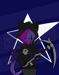  2018 absurd_res alternative_fashion anthro betilla_zanders_(wub) black_clothing closed_eyes clothing domestic_cat felid feline felis female fur goth hair hi_res holding_object holding_weapon hoodie mammal melee_weapon pink_hair polearm purple_body purple_fur purple_tail scythe solo tail topwear watermark weapon wub_(artist) 