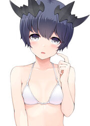  absurdres bare_arms bare_shoulders bikini black_hair breasts collarbone female grey_eyes haineko_nanashi hair_ornament highres honey_strap looking_at_viewer nanashi_inc. open_mouth scratching_cheek short_hair simple_background small_breasts solo swimsuit temari_rin upper_body virtual_youtuber white_background white_bikini 