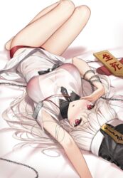  blush bra breasts chains cleavage dress female hat highres large_breasts legs_up long_hair looking_at_viewer lying on_back open_mouth original panties red_bra red_eyes red_panties see-through see-through_dress solo thighs underwear wet.elephant white_hair 