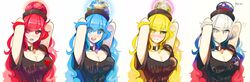  !? 4girls absurdres arms_behind_head blonde_hair blue_eyes blue_hair breasts choker cleavage closed_mouth commentary countryball crescent earth_(planet) english_text heart hecatia_lapislazuli hecatia_lapislazuli_(earth) hecatia_lapislazuli_(moon) highres kaliningradg large_breasts long_hair moon_(ornament) multicolored_hair multiple_girls multiple_persona planet red_eyes red_hair slovenia sloveniaball slovenian_flag slovenian_text star_(symbol) symbol-only_commentary touhou upper_body water_drop white_eyes yellow_eyes 