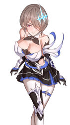  absurdres bare_shoulders black_gloves black_skirt breasts brown_hair chinese_commentary cleavage commentary_request detached_sleeves earrings feet_out_of_frame female gloves hair_ornament hair_over_one_eye highres honkai_(series) honkai_impact_3rd jewelry large_breasts long_sleeves looking_at_viewer one_eye_covered pantyhose parted_lips red_eyes rita_rossweisse rita_rossweisse_(artemis) ruo_zhishi_chu_jian simple_background skirt solo standing thighlet white_background white_pantyhose 