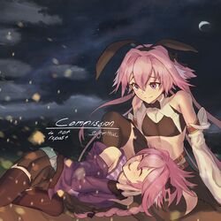  2boys animal_ears astolfo_(fate) astolfo_(memories_at_trifas)_(fate) astolfo_(saber)_(fate) bare_shoulders bow bowtie commentary commission detached_sleeves dual_persona english_commentary fake_animal_ears fate/apocrypha fate/grand_order fate_(series) genthus hair_between_eyes hairbow happy highres looking_at_another looking_at_viewer male_focus midriff multicolored_hair multiple_boys navel night oerba_yun_fang official_alternate_costume open_mouth otoko_no_ko pink_hair rabbit_ears sitting skin_fang smile soles streaked_hair thighhighs tongue two-tone_hair white_hair 