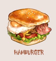  bacon burger cheese commentary_request cube egg_(food) english_text food food_focus fried_egg grey_background no_humans original saino_misaki salad simple_background tomato 