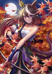  absurdres animal_ears arrow_(projectile) autumn_leaves bare_shoulders bow bow_(weapon) breasts brown_hair chakuma_(yiyh1468) chest_sarashi choker collar elbow_gloves eye_trail female full_moon gloves hadanugi_dousa highres holding holding_weapon horse_ears horse_girl horse_tail japanese_clothes kimono leaf light_trail looking_at_viewer maple_leaf moon official_alternate_costume outdoors purple_eyes sarashi single_vambrace solo symboli_rudolf_(archer_of_the_white_moon)_(umamusume) symboli_rudolf_(umamusume) tail umamusume vambraces weapon white_hair 