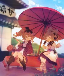  2girls anmitsu_(dessert) architecture ashiyu_(ashu-ashu) bangle belt black_belt black_headwear black_sailor_collar blue_sky blurry blurry_background blurry_foreground boots bow bowl bracelet brown_footwear brown_hair closed_eyes cloud coat commentary_request commission dango day depth_of_field dress drill_hair earmuffs earrings east_asian_architecture eating eyewear_on_head facing_viewer food full_body hairbow hat holding holding_food holding_skewer holding_spoon jewelry long_sleeves mini_hat mini_top_hat multiple_girls oil-paper_umbrella open_mouth outdoors parasol partial_commentary pointy_hair purple_coat red_bow red_coat red_umbrella round_eyewear sailor_collar sandals short_hair sitting skeb_commission skewer sky sleeveless spoon sunglasses top_hat touhou toyosatomimi_no_miko twin_drills umbrella wagashi white_dress yorigami_jo&#039;on 