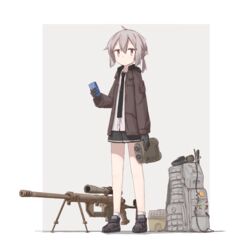  ahoge american_flag backpack bag binoculars bipod black_gloves black_necktie black_skirt bolt_action border brown_jacket cheytac_m200 closed_mouth collared_shirt container crossed_bangs dress_shirt expressionless female full_body girls&#039;_frontline gloves grey_background gun hair_between_eyes headset_removed highres holding hood hood_down hooded_jacket jacket long_sleeves looking_at_viewer low_ponytail m200_(girls&#039;_frontline) magazine_(weapon) muzzle_device necktie player193 pleated_skirt purple_eyes rifle scope shirt shoes sidelocks skirt sneakers sniper_rifle socks solo standing tie_clip weapon white_border white_shirt white_socks x_x 