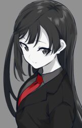  bad_id bad_pixiv_id black_eyes black_hair collared_shirt commentary_request dress_shirt female formal from_side grey_background grey_eyes grey_shirt jacket long_hair love_live! love_live!_nijigasaki_high_school_idol_club necktie one_side_up red_necktie shirt simple_background smile solo spot_color suit suit_jacket totoki86 upper_body yuki_setsuna_(love_live!) 