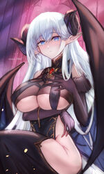  albion_(azur_lane) albion_(silvermoon_faerie_princess)_(azur_lane) azur_lane bare_hips bare_shoulders blue_eyes breasts demon_horns demon_wings female gem hand_on_own_chest highres horns kaji_zarame light_blush long_hair pointy_ears red_gemstone solo underboob white_hair wings 