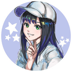  aqua_eyes baseball_cap black_hair blue_background blue_hair circle female finger_to_own_chin hand_up hat kelinch1 light_blush looking_at_viewer multicolored_eyes multicolored_hair open_mouth original portrait rainbow_gradient rainbow_hair round_image shirt simple_background smile solo star_(symbol) starry_background teeth two-tone_background two-tone_hair white_hat white_shirt 