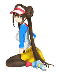  aqua_eyes between_legs black_pantyhose blue_footwear blue_sleeves breasts brown_hair closed_mouth commentary_request double_bun female from_side hair_between_eyes hair_bun hand_between_legs highres long_hair long_sleeves medium_breasts miniskirt ojisan_f pantyhose pokemon pokemon_bw2 red_ribbon ribbon rosa_(pokemon) shirt simple_background sitting skirt smile solo very_long_hair visor_cap wariza white_background white_shirt yellow_skirt 