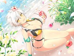  ass bare_shoulders beach bikini bow breasts cleavage female flower hair_between_eyes hibiscus highres huge_breasts large_breasts looking_at_viewer miyabi_(senran_kagura) ocean official_alternate_costume official_art one-piece_swimsuit open_mouth outdoors palm_tree ribbon sand senran_kagura senran_kagura_new_link short_hair smile swimsuit tree two-tone_swimsuit white_hair yaegashi_nan yellow_eyes 