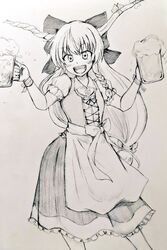  :d alcohol apron beer beer_mug bow braid check_commentary commentary_request contrapposto cross-laced_clothes cup d-m_(dii_emu) dress female foam frilled_apron frilled_dress frills german_clothes greyscale hair_over_shoulder hair_ribbon horns ibuki_suika long_hair monochrome mug oerba_yun_fang oni oni_horns open_mouth partial_commentary puffy_short_sleeves puffy_sleeves ribbon short_sleeves smile solo standing touhou traditional_media very_long_hair 