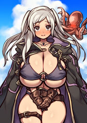  absurdres alternate_breast_size bikini blush_stickers breasts cleavage cloud cloudy_sky coat day duplicate female fire_emblem fire_emblem_awakening fire_emblem_heroes gloves grey_hair highres huge_breasts jewelry necklace nikuatsu_magician_shinbo octopus official_alternate_costume pixel-perfect_duplicate purple_bikini robin_(female)_(fire_emblem) robin_(female)_(summer)_(fire_emblem) robin_(fire_emblem) sideboob sky solo swimsuit underboob 