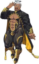  1boy abs alpha_transparency arm_up bara black_nails bodysuit boots cape collared_cape dark-skinned_male dark_skin facial_tattoo fangs full_body halo israfil_(housamo) liquid long_sleeves looking_at_viewer male_focus manly mature_male muscular muscular_male naop_(anything) official_art pectoral_cleavage pectorals red_eyes solo sparkle spiked_hair sweat tattoo teeth thick_thighs thighs third-party_source tight_clothes tokyo_afterschool_summoners tongue transparent_background white_hair worried 