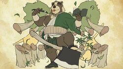  2020 anthro asian_clothing axe belly brown_body brown_fur canid canine clothing east_asian_clothing fundoshi fur humanoid_hands japanese_clothing kemono male mammal melee_weapon osansyoup overweight overweight_anthro overweight_male raccoon_dog robe solo tanuki tongue tongue_out underwear weapon 