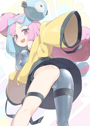  ass ass_tattoo asymmetrical_legwear bare_shoulders black_jacket blue_hair bow-shaped_hair breasts character_hair_ornament commentary_request covered_nipples female grey_pantyhose grey_shirt hair_ornament highres homura_subaru iono_(pokemon) jacket kneepits legs light_blue_hair long_hair long_sleeves looking_at_viewer looking_back low-tied_long_hair magnemite mismatched_legwear multicolored_clothes multicolored_hair multicolored_jacket open_mouth oversized_clothes pantyhose partial_commentary pink_hair pokemon pokemon_sv purple_eyes sharp_teeth shirt single_leg_pantyhose sleeveless sleeveless_shirt sleeves_past_fingers sleeves_past_wrists solo split-color_hair star_tattoo tattoo teeth thigh_strap thighs two-tone_hair two-tone_jacket very_long_sleeves wide_sleeves yellow_jacket 