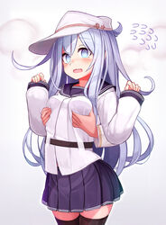  1boy :o black_thighhighs blue_eyes blue_sailor_collar blue_skirt breasts commentary_request disembodied_hand female flat_cap grabbing grabbing_another&#039;s_breast groping hammer_and_sickle hat hibiki_(kancolle) highres kantai_collection long_hair long_sleeves open_mouth pleated_skirt reitou_mikan sailor_collar simple_background skirt solo_focus star_(symbol) straight thighhighs verniy_(kancolle) white_headwear 