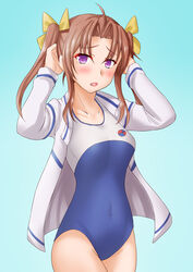  ahoge anti_(untea9) aqua_background arms_behind_head blue_one-piece_swimsuit blush breasts brown_hair collarbone covered_navel cowboy_shot eyebrows female hair_ribbon high_school_fleet highres jacket kagerou_(kancolle) kantai_collection lips long_hair long_sleeves looking_at_viewer medium_breasts new_school_swimsuit one-piece_swimsuit open_mouth purple_eyes ribbon school_swimsuit simple_background solo swimsuit swimsuit_under_clothes twintails two-tone_swimsuit white_jacket white_one-piece_swimsuit yellow_ribbon yokosuka_girls_marine_high_school_swimsuit 