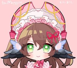  animal_ears bird_ears blush bonnet brown_hair closed_mouth commentary commission english_commentary female flower gloves green_eyes hair_flower hair_ornament hair_ribbon hands_up indie_virtual_youtuber looking_at_viewer magpie_(vtuber) moshimoshi_(mo_518_mo) pink_background pink_flower pink_gloves pink_ribbon pink_rose ribbon rose simple_background skeb_commission smile solo two_side_up upper_body virtual_youtuber 